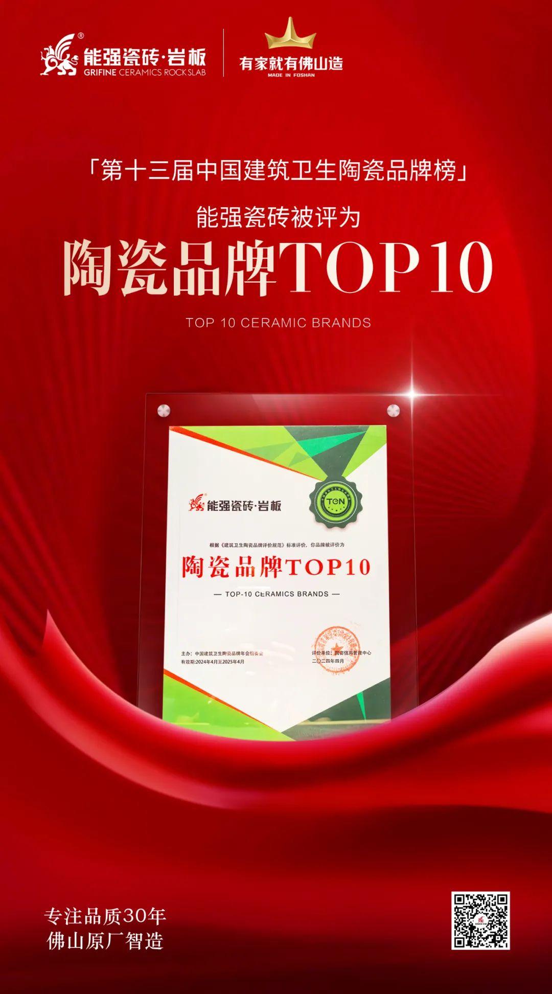 匠心榮耀丨能強(qiáng)瓷磚斬獲“陶瓷品牌TOP10”殊榮！